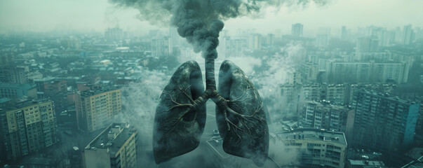A close-up on unhealthy lungs against a polluted city backdrop, a powerful message on the effects of PM 2.5 Stark, real, impactful. - obrazy, fototapety, plakaty