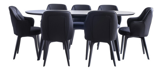 Sleek black dining table with matching chairs png on transparent background