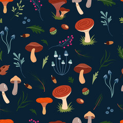 Vector blue seamless pattern of cute forest illustrations - mushrooms, berries, chestnuts, pine needles, leaves. Beautiful trendy background for packaging, fabric, wallpaper. 