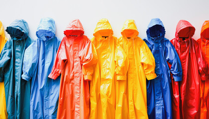 Colorful raincoats lined up against a colorful white background