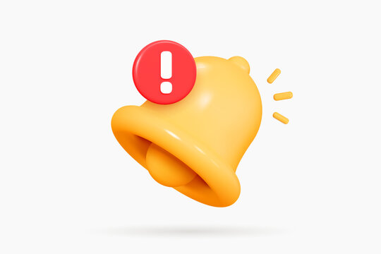 3D Bell with red danger alert notification. New important message. Urgent online call. Attention sign. Social media reminder. Cartoon design icon isolated on white background. 3D Vector illustration