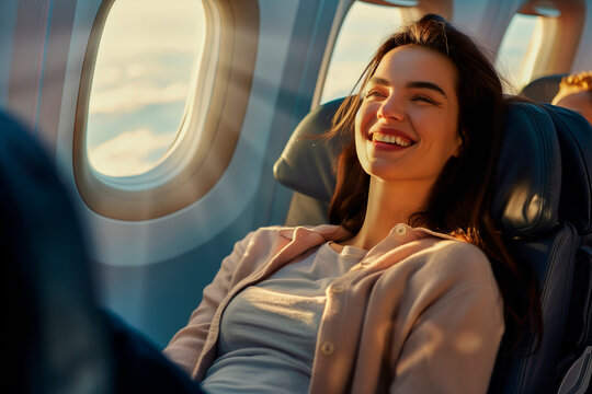 Portrait of a young woman airplane passenger looking out the window on the plane and smiling.