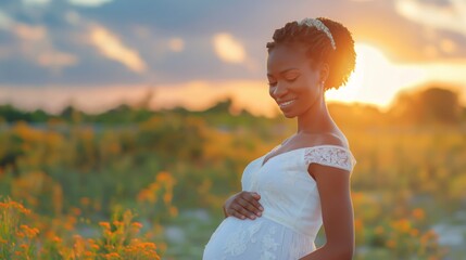 pregnant woman in a bridal dress touching her belly in a blurry field background. - obrazy, fototapety, plakaty