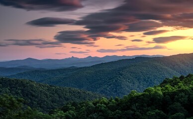 Long exposure shot of the North Carolina mountains at sunset.