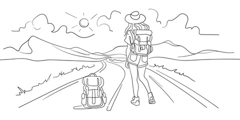 Travel girl on the road with a backpack on white background line art. Continuous line art drawing isolated on white background. Vector illustration