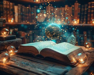 Close-up shot of a floating book surrounded by glowing globes in a mystical library - obrazy, fototapety, plakaty