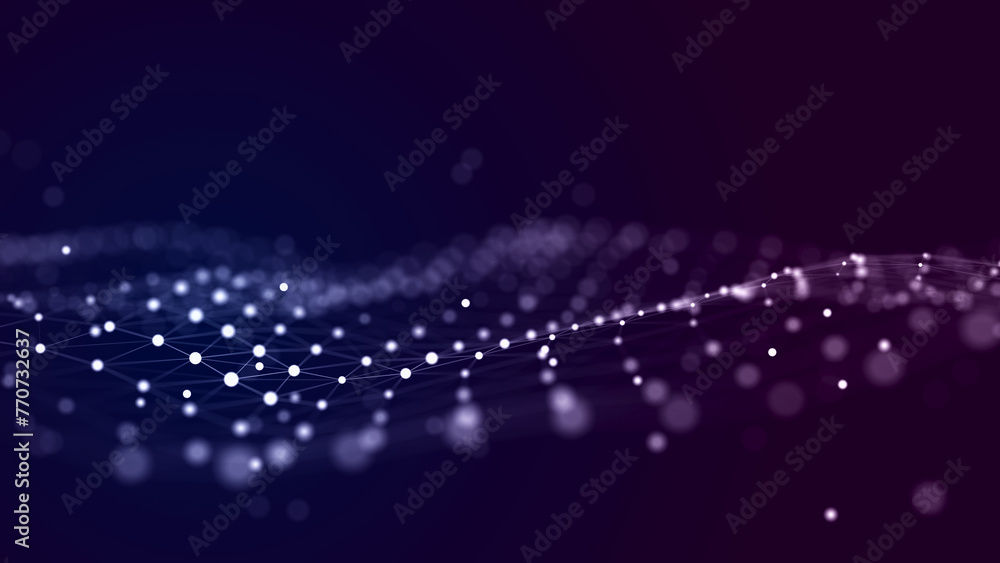 Poster digital background with musical glowing particles. big data visualization. 3d rendering.