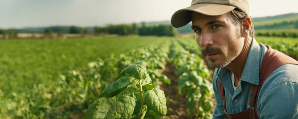 Fototapeta premium A man is working on a green field. Agriculture farm. Organic food production and cultivation. Farm business concept with copy space.