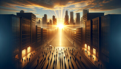 Dramatic sunrise over urban skyline with silhouette pedestrians. - obrazy, fototapety, plakaty