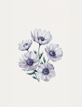 Heads of watercolor flowers on a white background, imitation watercolor paper, white anemone flowers and petals