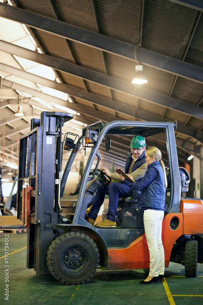 Poster Inspector, warehouse and team with forklift working on site, loading on dock with Industrial moving vehicle. Teamwork, together or woman with clipboard for shipping inventory, hardhat for safety