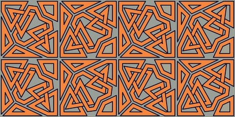 Rectangular geometric shape, and a detailed design inspired by Moroccan mosaics and arabesque art, Islamic seamless pattern, a modern and unique Islamic ornament, orange and grey colors 