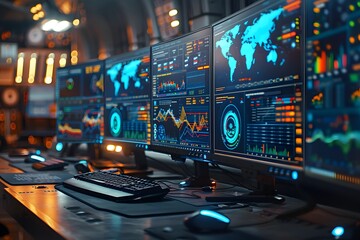 A computer desk with computer monitors displaying various data and graphs. The room is dimly lit with a purple neon light, creating a dark ambiance. data graphics concept