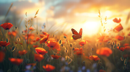 field of poppies in sunset with butterfly background panorama