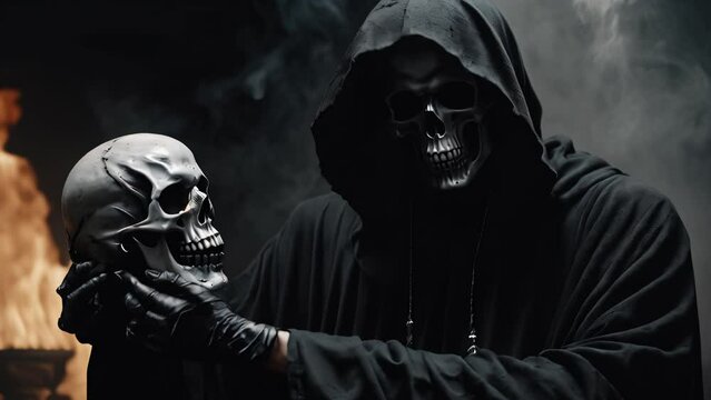 grim reaper holding a skull - dark enviroment with smoke in the background
