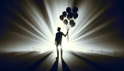 Silhouette of a person holding balloons against backlight