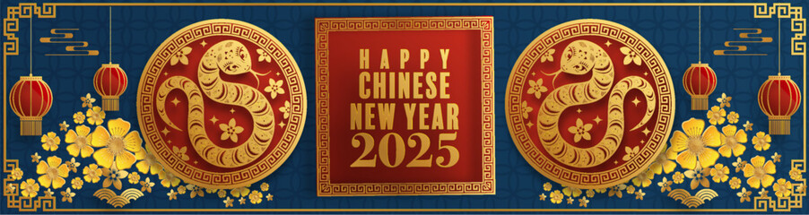 Happy chinese new year 2025  the snake zodiac sign with flower,lantern,pattern,cloud asian elements red,gold  paper cut style on color background. (Translation : happy new year 2025 year of the snake)