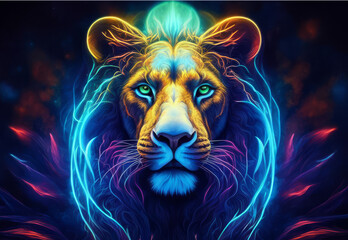 Cosmic neon lion. AI