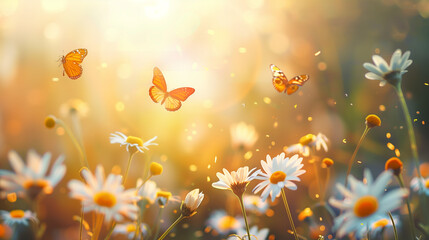 field of daisies with butterfly background panorama - obrazy, fototapety, plakaty