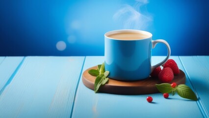 coffee in a blue cup on a blue background. raspberries and mint leaves lie nearby