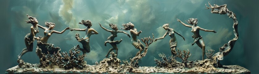 Bronze sculptures depict a cosmic dance within coral reefs - obrazy, fototapety, plakaty