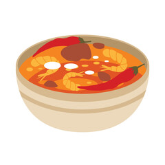 Spicy chili prawn soup in a bowl, flat vector illustration