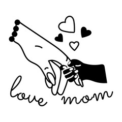 Child holding mother hand, glyph style sticker 