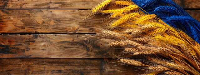 spikelets of wheat and Ukrainian flag. Selective focus. - obrazy, fototapety, plakaty