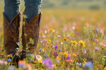 Close-up of cowboy boots in a vibrant wildflower field during golden hour