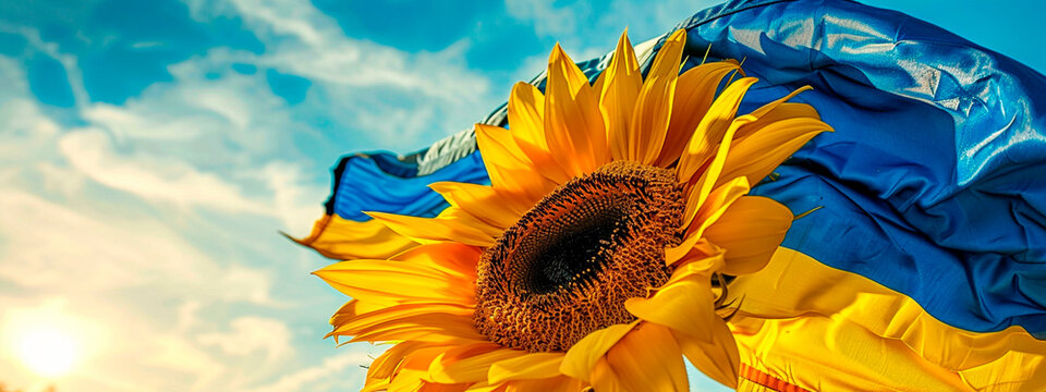sunflower and Ukrainian flag. Selective focus.