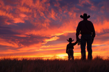 Obraz premium Father and son cowboy silhouettes against a vibrant sunset