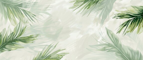 Abstract background with palm leaves in the style of watercolor and ink. Greenery on a white paper texture, green palm leaves on a light gray backdrop. A design for a wallpaper or wall mural print.