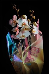 there is an orchid arrangement in a clear glass vase with water