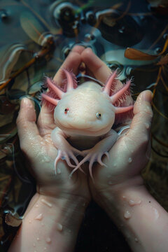 portrait of an axolotl in hands. Selective focus.