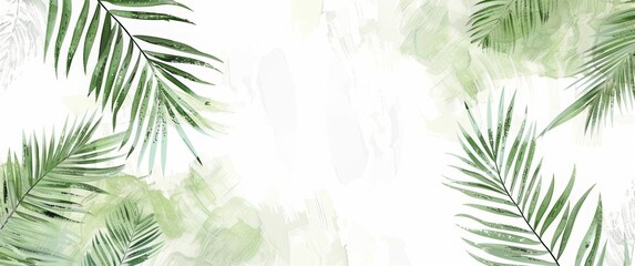 Abstract background with palm leaves in the style of watercolor and ink. Greenery on a white paper texture, green palm leaves on a light gray backdrop. A design for a wallpaper or wall mural print.