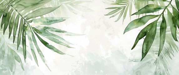 Abstract background with palm leaves in the style of watercolor and ink. Greenery on a white paper texture, green palm leaves on a light gray backdrop. A design for a wallpaper or wall mural print.