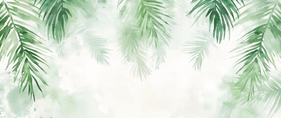 Fototapeta na wymiar Abstract background with palm leaves in the style of watercolor and ink. Greenery on a white paper texture, green palm leaves on a light gray backdrop. A design for a wallpaper or wall mural print.