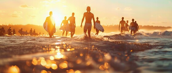 Surfers Catching Waves at Golden Hour