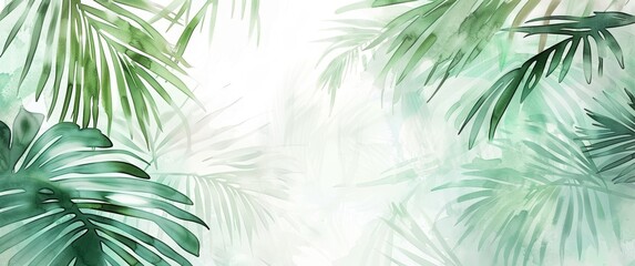 Fototapeta na wymiar Abstract background with palm leaves in the style of watercolor and ink. Greenery on a white paper texture, green palm leaves on a light gray backdrop. A design for a wallpaper or wall mural print.