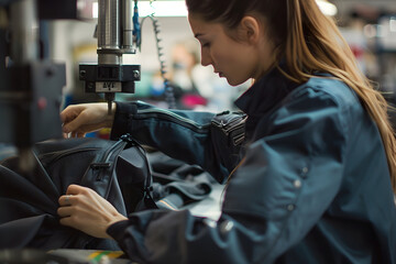 woman creating a black tech pants in the sueing machine