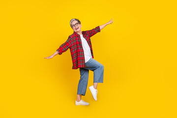 Full body portrait of positive carefree aged person enjoy dancing partying empty space isolated on...