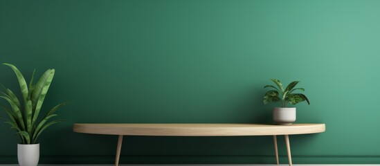 A wooden rectangle table with two houseplants in flowerpots placed on top, set against a green wall for a natural ambiance in the room - obrazy, fototapety, plakaty