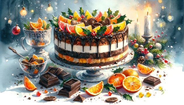 Watercolor Painting of Chocolate-and-Citrus Cassata