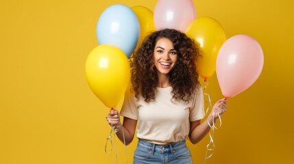 A woman is holding a bunch of balloons and smiling