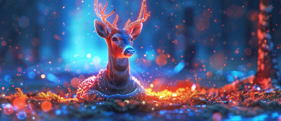 A deer in a glowing, neonlit yoga pose, in a vibrant, surreal forest, peaceful and close up - obrazy, fototapety, plakaty