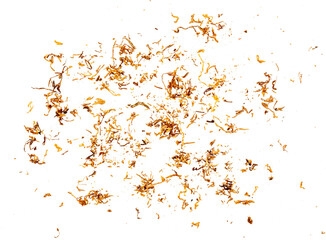 A pile of shredded tobacco for cigarette rolling, top view, isolated on a transparent background,...