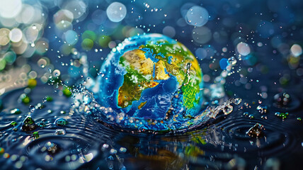 A fantasy Earth encircled by vibrant droplets, each depicting a national holiday, celebrating unity in water conservation