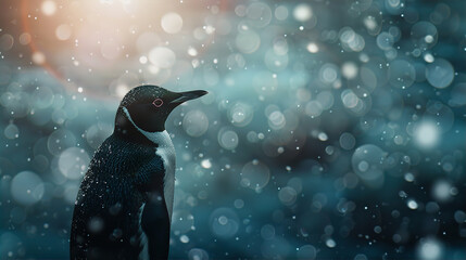 A penguin is standing in the snow with a blurry background
