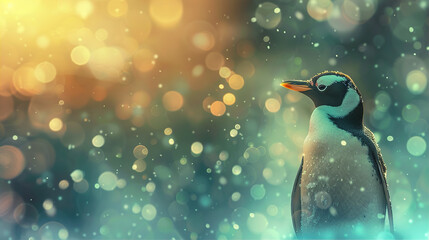 A penguin is standing in the snow with a blurry background - obrazy, fototapety, plakaty
