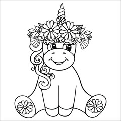 Cute Unicorn in a wreath flower,  Freehand sketch . Linear flat vector illustration.  Black white contour simple sketch of decorative Unicorn.  Coloring page with Animal character